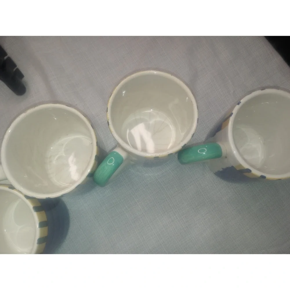 Pier One Italy Hand‎ Painted Coffee Mugs Set of 4 Blue Stripe